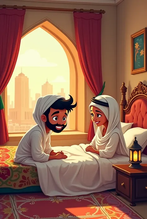 A cartoon image of an arabian man waking up while his mother is beside his bed.