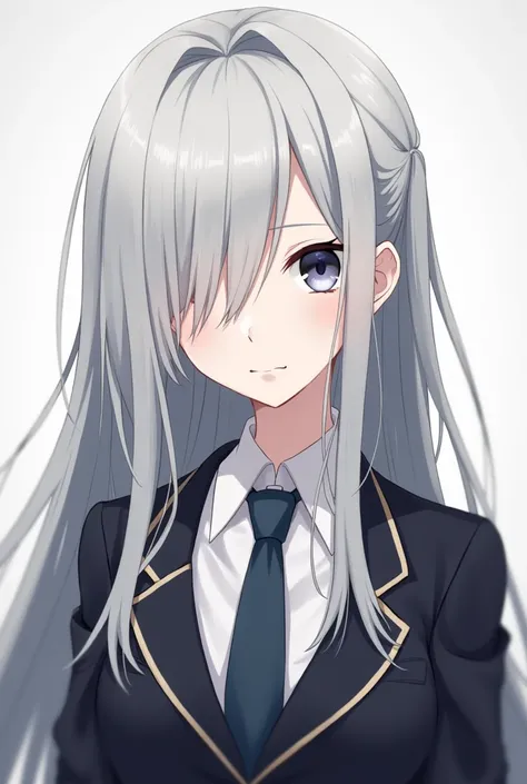 Character portrait, ((Blazer-style uniform)), ( white shirt), Magical academy style clothes,  No Emotion, Hair that hangs slightly over the eyes, Slightly unkempt hair, (Single color background), silver hair, (hair over shoulder), hair over eyes, closed mo...