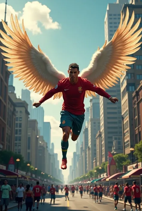 A picture of Ronaldo flying wings in the text of a city and wearing Barcelona 