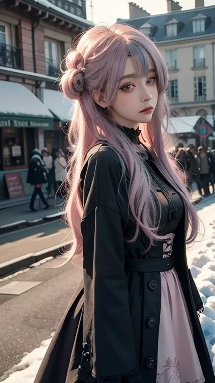   detailed background, Realistic,  best quality, masterpiece,  Russian woman with single pink hair extensions  , 18 years old,  GREEN HAIR ,  detailed hair, Detailed skin,  in Paris wearing a gorgeous pink dress and black coat , Long Hair,  blue eyes,  wav...