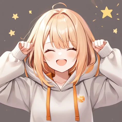 Winking woman,  with orange and white hair {x} in a hoodie ,Moesleeve hoodie, cute pose,Shine瞳.Shineアイハイライト,that&#39;Shine,headphones light background, glitter,Geometric patterns, Official illustration style,A masterpiece seen from the front, best quality,...