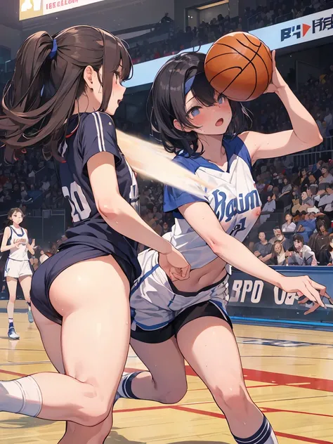 (NSFW:1.5)、 Dynamic Angles 、 detailed、Perfect limbs、Among girls 、 funny,（ small breasts ) ,  short black hair ,( Basketball ), training,  blue sleeveless t-shirt with number 11 on the chest and back ,  matching shorts with white line design on the sides,  ...