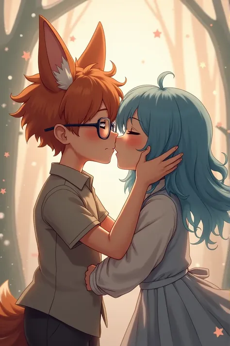  Boy with dark orange hair and with glasses and fox ears (high) kissing a boy with blue and long hair  (Hes a little small )