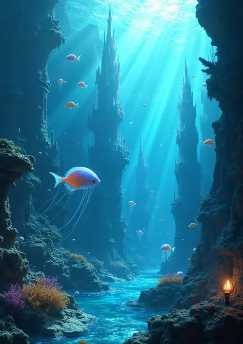 An enchanting underwater city illuminated by bioluminescent coral and glowing jellyfish. The city features towering crystal-like spires, intricate aquatic architecture, and schools of vibrant fish swimming gracefully. Sunlight filters through the oceans su...