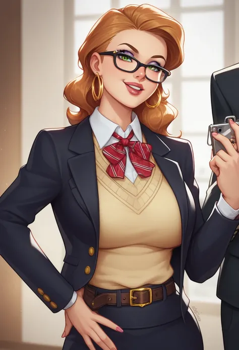 She seems to be a character from an anime in the genre Slice of Life or School Life,  possibly with elements of comedy or light drama .  The details such as the elegant uniform ,  the glasses and their friendly expression could indicate that she is an outs...