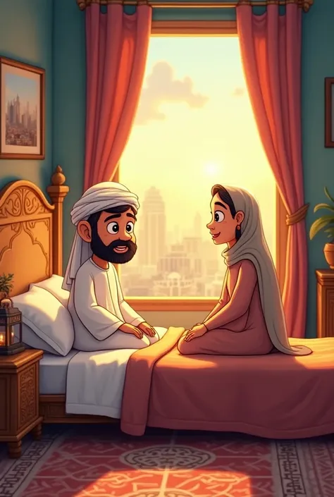 A cartoon image of an arabian man waking up while his mother is beside his bed.