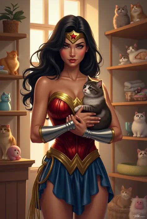 Wonderwomen menggendong kucing di catshop