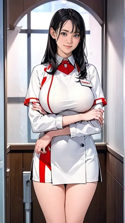 there is a nurse in the hospital wearing a nurse's uniform  、 black stockings in a dark prison、long hair、  thin waist、  big brea...