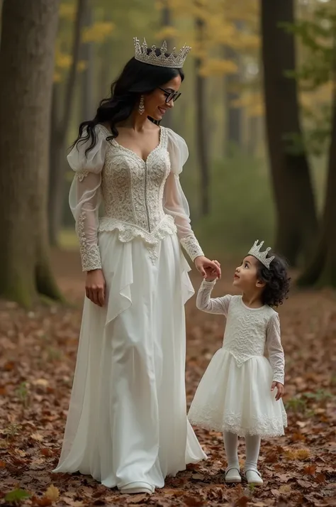 A 35-year-old , king, slim, with glasses,  dressed as a princess 
With her  son, piel Blanca,  black-haired mom

In the woods 