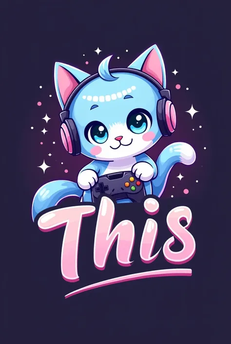 a logo with the name  "Fanny_niia _THIS"  that is in a soft, curved typeface, with an anime-style cat with light blue eyes and light blue fur ,  The cat has headphones and a fluffy tail ,  and is surrounded by details such as pixels floating around it.  Th...