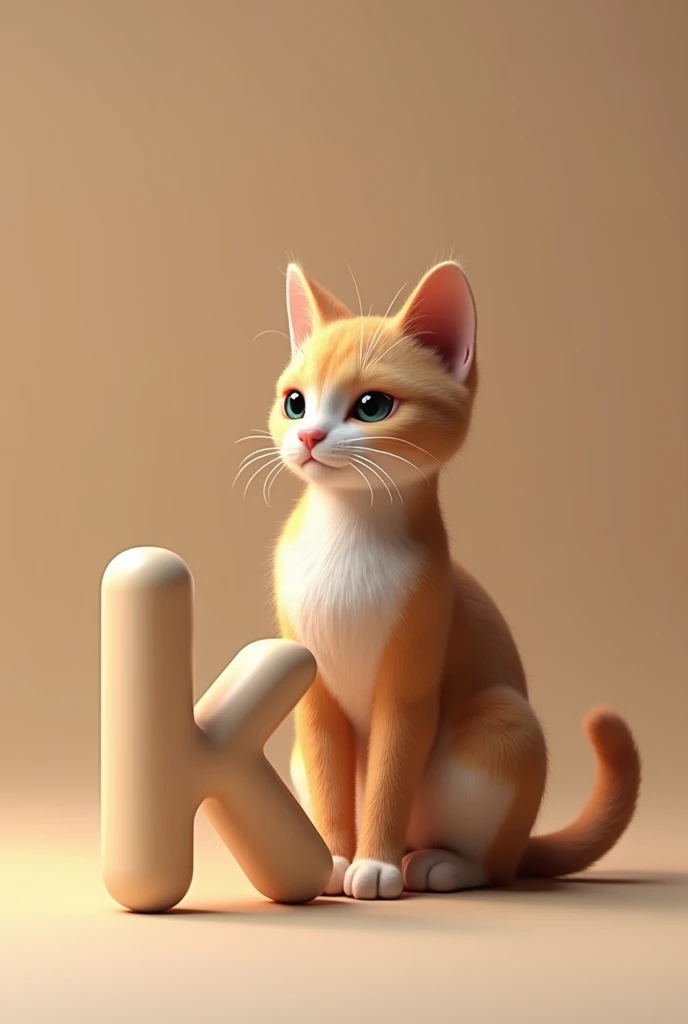 A cat is sitting near "K" Letter. Its a realistic 3d image. 