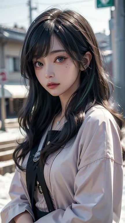 ((masterpiece:1.4)、(top-quality:1.4)、( realistic:1.7)) detailed background, Realistic,  best quality, masterpiece, Japanese woman with single brown hair extensions  , 18 years old,  GREEN HAIR ,  detailed hair, Detailed skin,  in Paris wearing a gorgeous p...