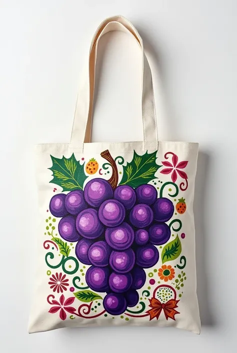 White Torebag with red Christmas Easter painting with grapes
