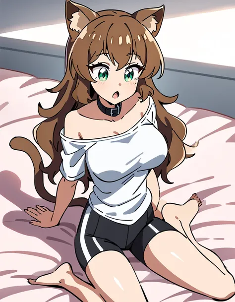 1girl, solo, masterpiece, best quality, (anime art style:1.0), 2d, dynamic shadows, masterpiece, best quality, (anime art style:1.0), 2d, dynamic shadows, atmosferic, round breasts, long wavy brown hair, green cat eyes, brown cat ears and tail, open mouth,...