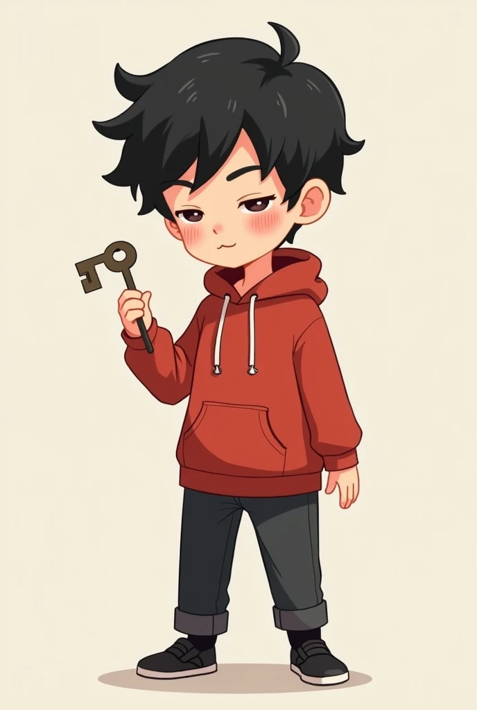 Red hoodie, black hair, black pants, black shoes, wearing, 25 years old Cartoon Holding the key With a faint smile

