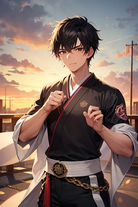 Young man of twenty years old. black spiky hair.
black eyes.
 Dark Skin and with some battle marks .
high. very muscular and defined.
Typical martial arts clothing ,  usually an orange and blue kimono with a belt.