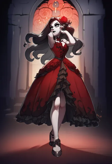 Dark fantasy art, fantasy art, goth art,  a picture of a female vampire, exquisite beauty, full body shot, dark glamour shot,  pale white skin, blond hair, long hair, wavy hair, (glowing grey: 1.3) eyes,  she  wears a (red: 1.3) red dress, ArmoredDress, th...