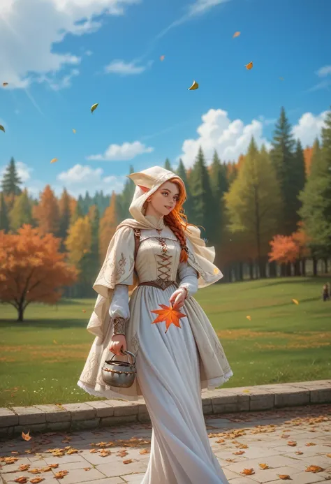 score_9, score_8_up, score_7_up, (masterpiece, UHD, 8K, 16K, ultra detailed), sfw, upperbody shot, 1girl, elf, orange eyes, one side braided hair, ginger hair, holding a red leaf, white dress with hood, intricate details, (murmuring leaves), (wind:1.2), (m...