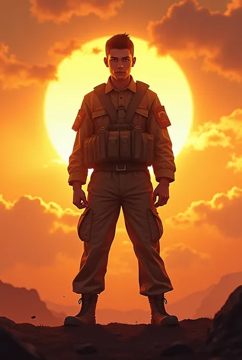 "A determined young soldier, standing tall in front of a powerful and inspiring backdrop of a sunrise over a military base. The soldier is in full uniform, looking forward with a fierce, focused expression, symbolizing strength, dedication, and resilience....