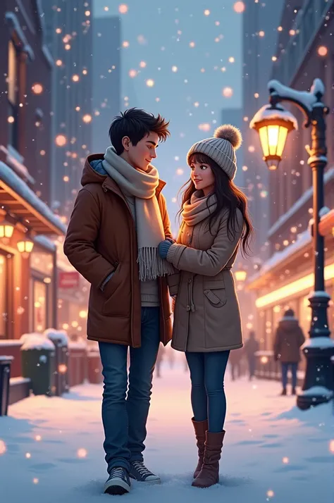  A boy with his girlfriend on a stroll through the city in the white winter season.
There are lots of little lights on and hes just giving ear his scarf 