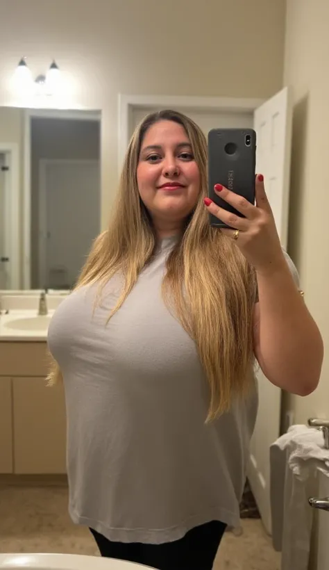 Mississippi Casual 40 years old Chubby blonde woman taking a mirror selfie inside bathroom, wearing a t-shirt and leggings, long blonde straight hair, natural big breasts, big hips, thick thighs, shy smile,accurate details, using make-up, red lipstick,  fu...