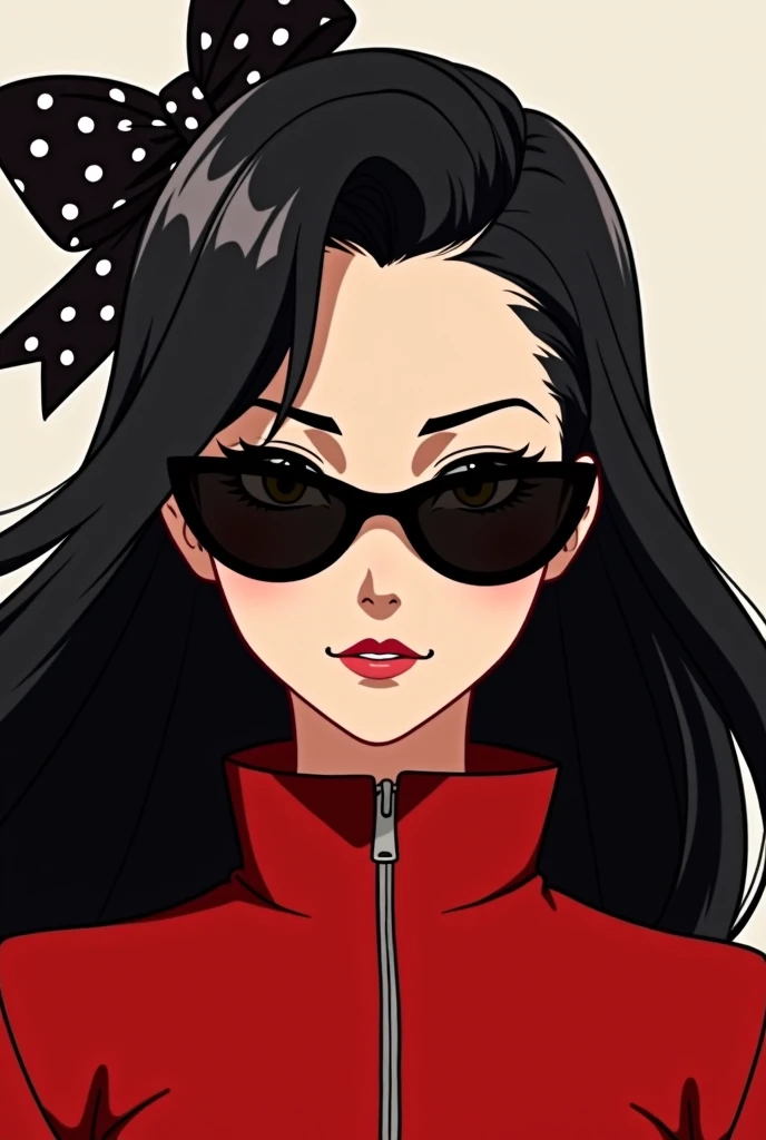 Animation: woman, black hair, ribbon on her hair with wide spots, black sunglasses and closed red jacket