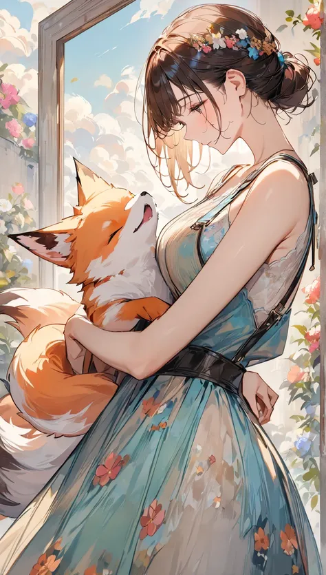 (((Simple configuration)))、(((Background is a white wall:1.2)))、 one girl 、(((Embrace a baby fox)))、perfect anatomy、Picturesque、sketch、Very delicate、Cloud-like wall、、Floral、Delicate depiction、Abstract、Overall bright color、Gentle colors、Taisho Romance、(mast...