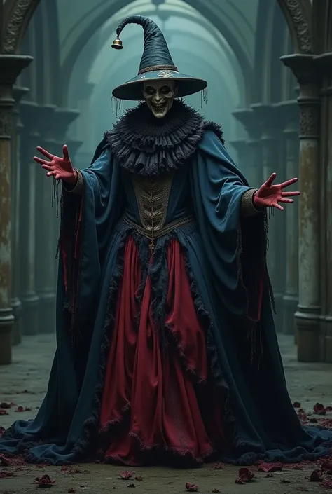 The court fool ,  with a dark face ,  is dressed in a costume of intense shades of red and dark blue .  His costume is elaborate ,  but with a decadent and worn appearance ,  with torn and faded pieces of fabric .  The lower part of her clothing consists o...