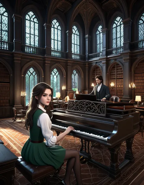 sketch ((man ((with brown eyes)), Beautiful, brown short hair in a white shirt,  dark gray classic vest , black trousers  ((sitting at the piano and playing it ))  and next to her is a girl with long brown hair and blue eyes ,  in a short emerald dress, a ...