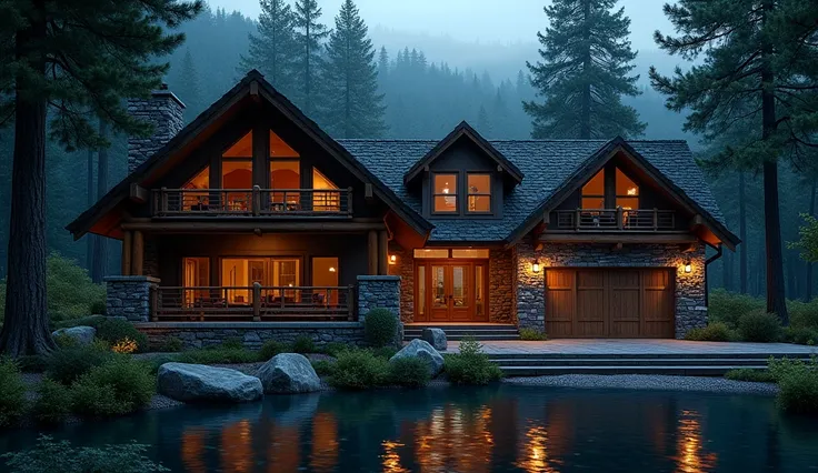 Show me a rustic one-story house made of stone and wood, with large windows, with garage, Located in the middle of a humid forest, at night and with the spotlights on, with a medium-sized patio, that is located next to a lake