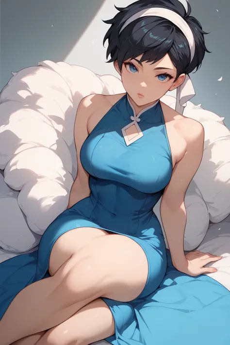  1woman, blue eyes, short black pixie style hair, white headband,Black hair,Anime style,Blue dress  , sitting ,curvy body,zoom on the face