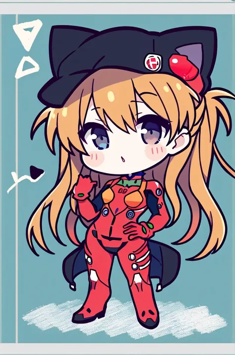 Chibi,  Neon Genesis Evangelion：New Movie Edition、 Shikinami Asuka Langley、Red plug suit、Eye patch、（Cat hat、black）、beautiful、
 