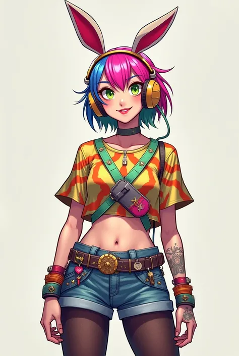  Character Fe is 18 years old and has a mockery face , Rainbow hair ,  green eyes full of life and wears a rabbit-shaped headset ,  wears denim shorts with tights and a colorful blouse and a belt full of things at the waist. Shes not cute at all