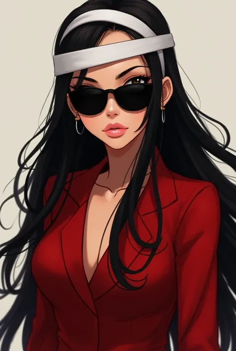 Animation woman black hair wide white headband black sunglasses and closed red jacket