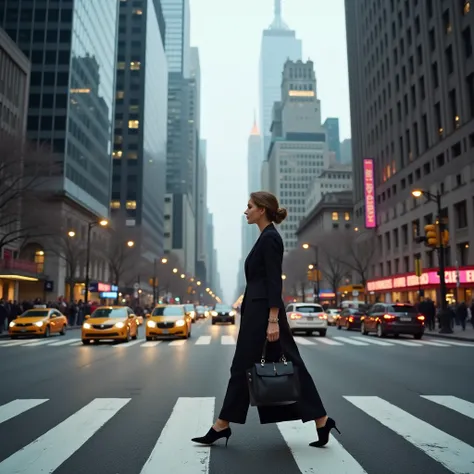  An elegant woman walks confidently along the crosswalk in a large city ,  surrounded by imposing skyscrapers and the frenetic movement of the metropolis .  She holds a sophisticated handbag while carefully looking at the urban skyline ,  illuminated by ne...