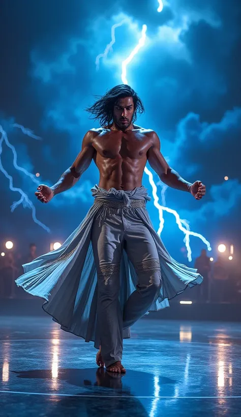 A powerful storm-themed performance on the Americas Got Talent stage. Ravi, a tall and muscular dancer with striking golden eyes, moves with the intensity of a brewing thunderstorm. He wears a flowing gray and silver outfit resembling storm clouds, with ac...