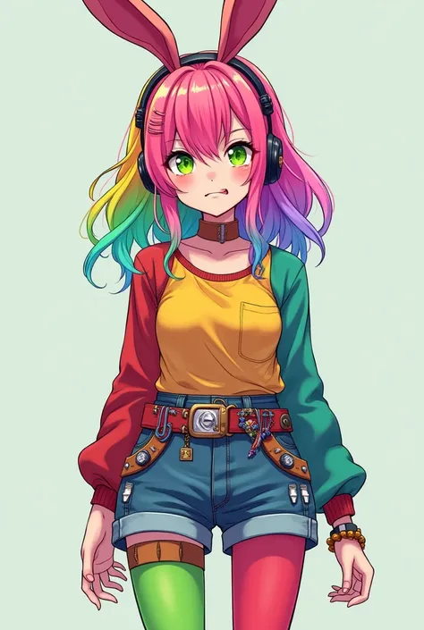  Character Fe is 18 years old and has a mockery face , Rainbow hair ,  green eyes full of life and wears a rabbit-shaped headset ,  wears denim shorts with tights and a colorful blouse and a belt full of things at the waist. Shes not cute at all!