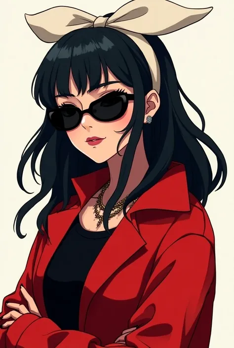 Animation woman black hair wide ribbon in white hair black sunglasses and closed red jacket