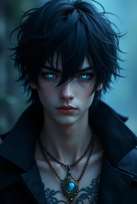  A boy with dark hair like night with electric blue eyes with strong features, Jaw marks powerful look ,  with a necklace that wears a dige of a witchs hat .  It has an aura full of power and infinite beauty .La mejor calidad, Detalle, Muy detallado, Piel ...