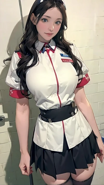  There is a nurse in the hospital wearing a nurses uniform  、 black stockings in a dark prison、Long Hair、  thin waist、  Big Breasts Covered  、Smiling Kindly