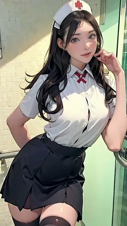  There is a nurse in the hospital wearing a nurses uniform  、 black stockings in a dark prison、Long Hair、  thin waist、  Big Breasts Covered  、Smiling Kindly