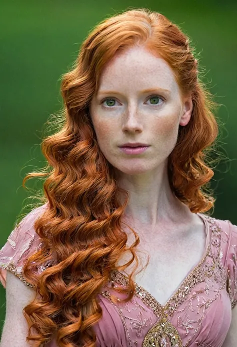 a close up of a woman with long red hair and a pink dress,  reddish brown hair , Red-haired goddess, with curly red hair, Redhead girl, Redhead woman, She is a redhead, red head, with long red hair,  with red hair and green eyes , flowing ginger hair, She ...