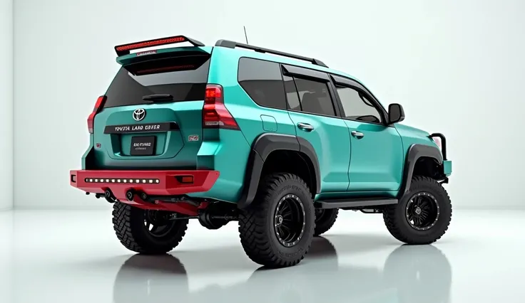 A photorealistic render of a teal 2025 Toyota Land Cruiser LC300, back side view,  massive off-road tires, custom red steel bumper with integrated LED light bars,  set in a minimalist white showroom, 8k resolution, cinematic lighting, hyperrealistic detail...