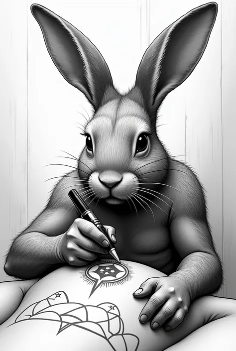 Rabbit who is a tribal-style tattoo artist( black and white image)