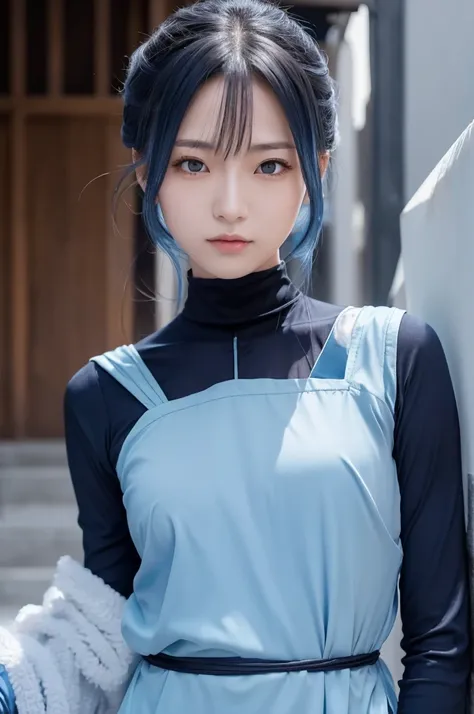  slender older sister type kunoichi
The hair is a ponytail(Light blue)
The face is pretty (Slanted Eyes)
 system is a slender system for small breasts
Clothes are shinobi costumes (Navy Blue)