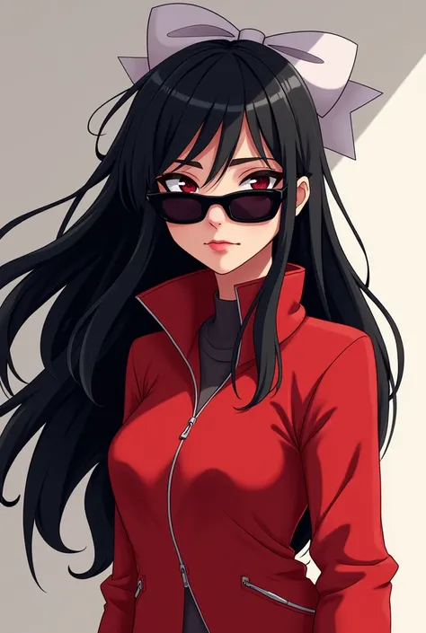 Animation woman black hair wide ribbon in white hair black sunglasses and closed red jacket