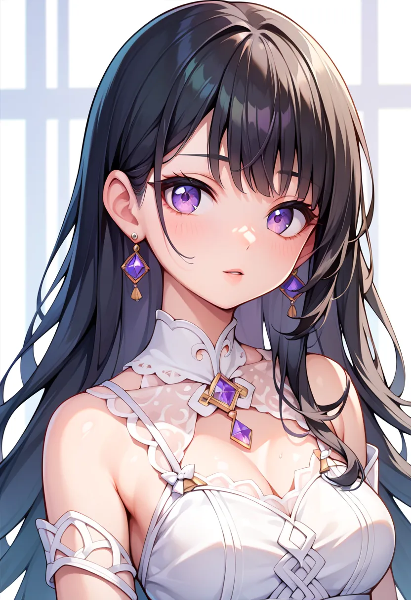 masterpiece, best quality,1girl, long hair, purple eyes, bangs, upper body, black hair,