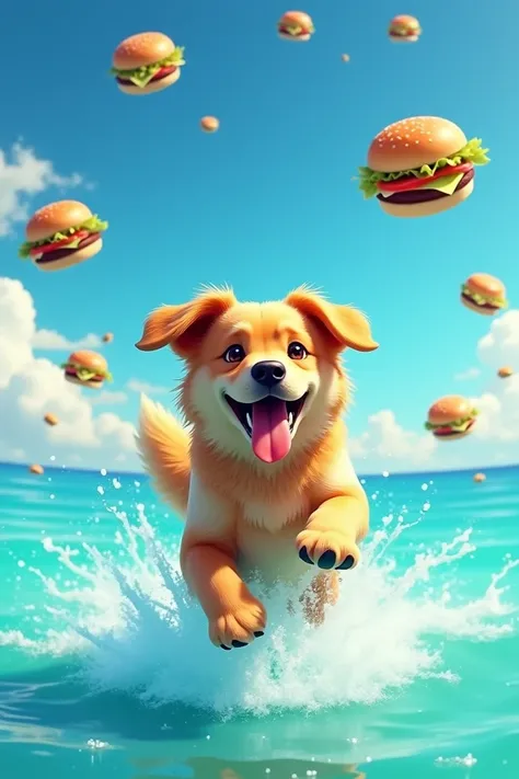 Make me an image where a dog is jumping in the turquoise water and the sky is full of hamburgers 