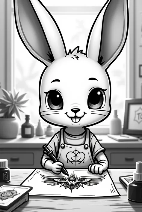 Rabbit who is a cartoon tattoo artist ( black and white image)