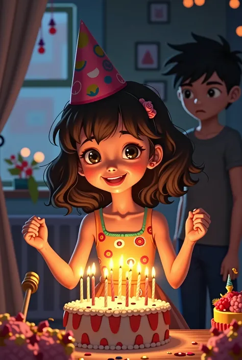 A girl celebrates her birthday with a cake while from the shadows a boy looks at her with sadness 